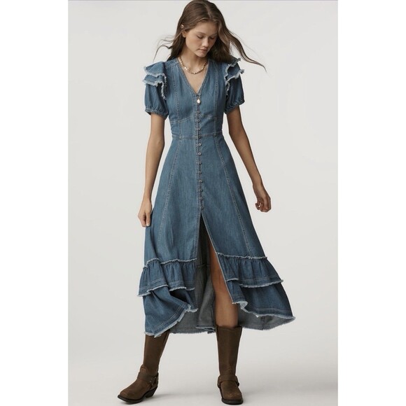 Anthropologie Pilcro Midi Shirt Dress Ruffled Cotton Retro Preppy Size XS NWT - Picture 9 of 15